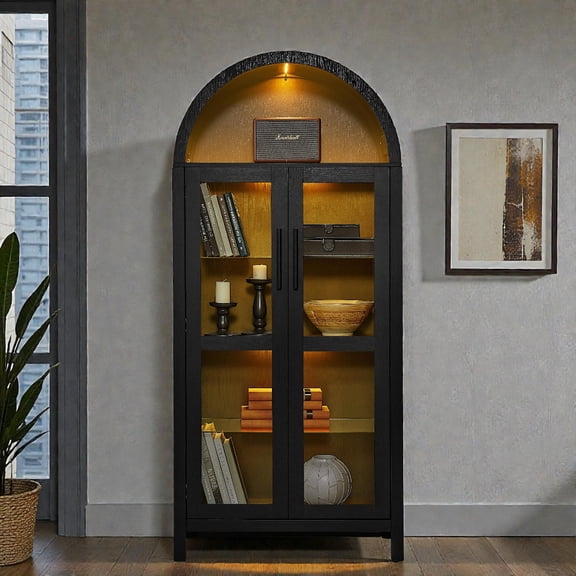 Tcbosik 2-Door Arched Cabinet with LED Lights, Adjustable Glass & Fixed Wood Shelves, and Stable Raised Legs, Decorative Tall Display Storage for Home – 30"L x 15.5"W x 67"H, Black