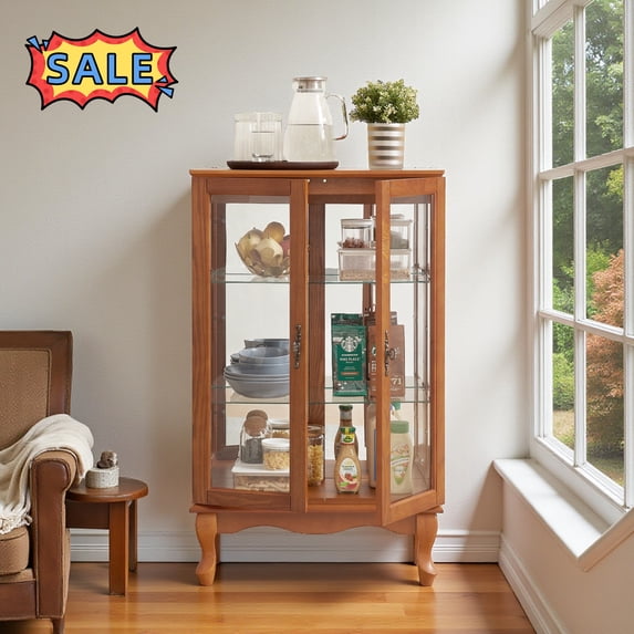 Tcbosik Curio Cabinet with Light, Display Cabinet with 2 Doors, Glass Storage Cabinet with Adjustable Shelves for Living Room, Dining Room, Easy Assembly, Oak
