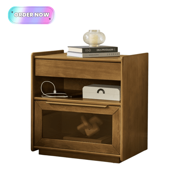 Tcbosik 2-Drawer Farmhouse Nightstand with Charging Station, Rustic Bedside Table with Open Shelf, End Table for Living Room, Bedroom, Easy Assembly, Light Walnut