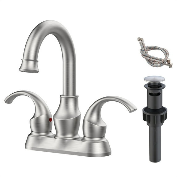 Tcbosik 2-Handle Brushed Nickel Bathroom Faucet, Sink Faucet with 360 Degree Rotating Spout, Vanity Sink with Pop-Up Drain and Supply Hoses for Washroom and Kitchen