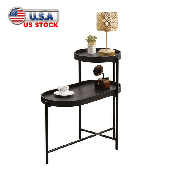 Tcbosik 2-Tier Side Table, Modern End Table with Tray Top and Metal Frame, Small Night Stand for Living Room, Bedroom, Easy Assembly, Black