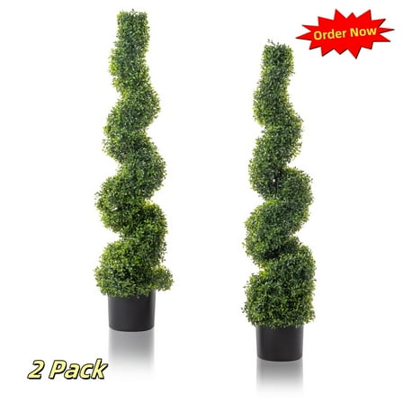 Tcbosik 2 Pack Artificial Boxwood Topiary Tree, 3.7ft Fake Spiral Plant, Faux Plant Decor for Living Room, Bedroom, Entryway, Green
