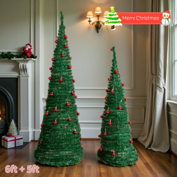 Tcbosik 2 Pack Artificial Pop Up Christmas Trees Set, 5ft & 6ft Unlit Xmas Tree with Red Ball Ornaments for Holiday Decor, Green