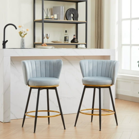 Tcbosik 2 Pack Bar Stools, Upholstered Swivel Bar Chair, Velvet Counter Height Stool with Back for Kitchen, Dining Room, Easy Assembly, Blue