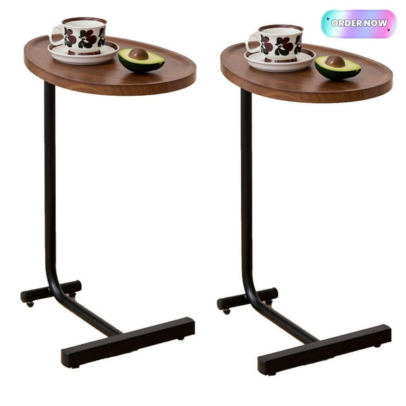 Tcbosik 2 Pack C-Shaped End Tables, 17.7" Small Side Table for Couch, Oval Nightstand with Metal Frame for Living Room, Bedroom, Brown