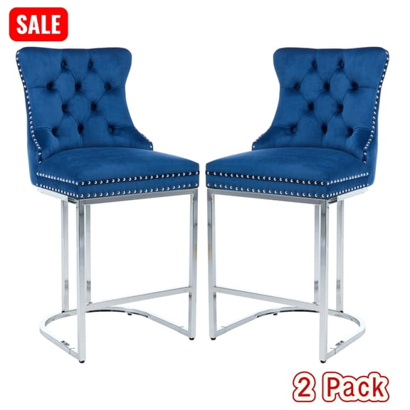 Tcbosik 2 Pack Counter Height Barstools, Upholstered Velvet Bar Stool with Button Tufted Back & Chromed Metal Legs, Island Chair for Kitchen, Dining Room, Blue