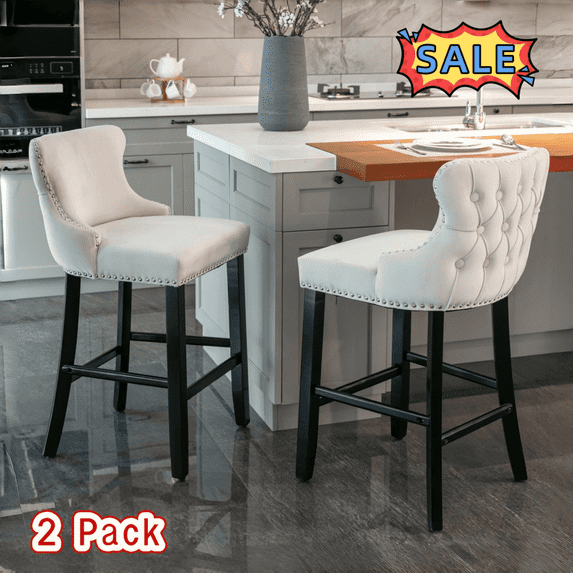 Tcbosik 2 Pack Counter Height Stools with Button Tufted Design, Upholstered Velvet Bar Stool with Wood Legs, Modern Bar Chair with Nailhead Trim for Dining Room, Kitchen Island, Beige