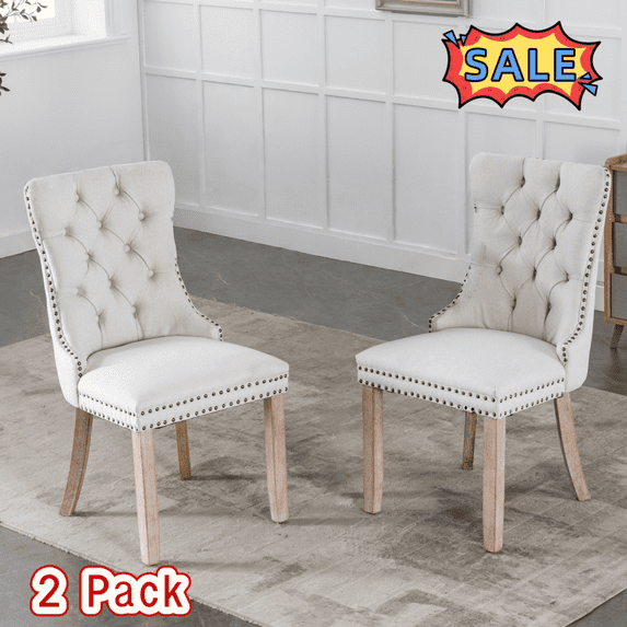 Tcbosik 2 Pack Dining Chairs, Linen Fabric Upholstered Side Chair with Wood Legs and Padded Seat, Modern Accent Chair with Button Tufted Back for Living Room, Kitchen, Beige & Natural