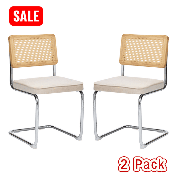 Tcbosik 2 Pack Dining Chairs with Rattan Back, Velvet Upholstered Armless Chair with Stainless Chrome Base for Kitchen, Living Room, Beige
