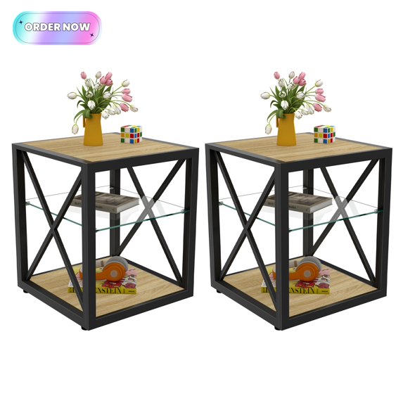 Tcbosik 2 Pack End Tables, 3-Tier Sofa Side Table with Glass Storage Shelf, 17.7" Night Stand for Living Room, Bedroom, Natural