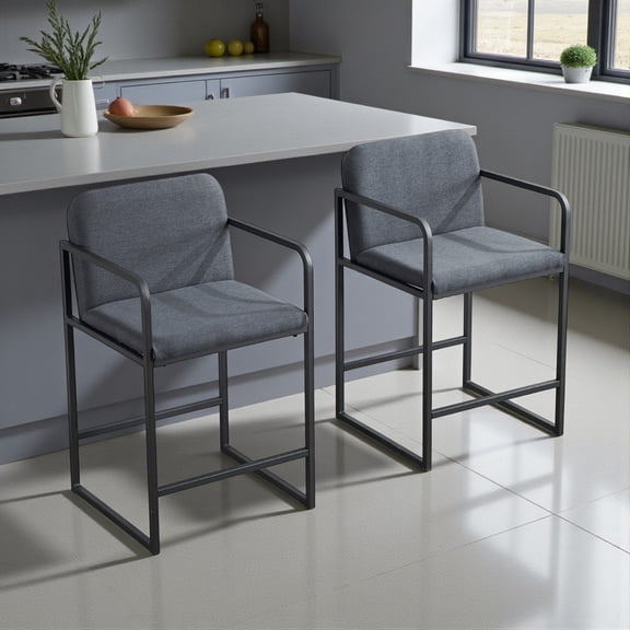 Tcbosik 2-Pack Fabric Upholstered Bar Stools with Backrest and Armrests – Comfortable Padding Seat, Sturdy Metal Frame, Contemporary Design for Kitchen, Dining, or Home Pub (Dark Gray)