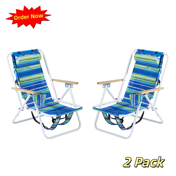 Tcbosik 2 Pack Lightweight Beach Chair for Adults, Outdoor Backpack Chair with 4 Position Adjustable Backrest, Folding Camping Chair with Cup Holder, Headrest and Wood Armrest, Blue & Green Stripes