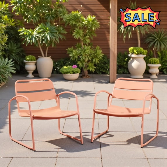 Tcbosik 2 Pack Metal Chairs for Outdoor, Modern Armchair, Accent Club Chair for Porch, Garden, Patio, Backyard, Easy Assembly, Coral