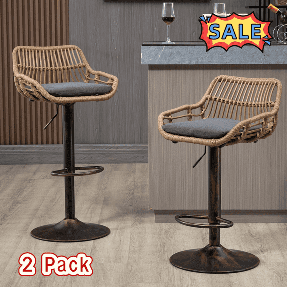 Tcbosik 2 Pack Modern Rattan Swivel Bar Stools with Metal Base, 25.5"-33.4" Height Adjustable Upholstered Linen Fabric Bar Chair for Kitchen Island, Dining Room, Gray