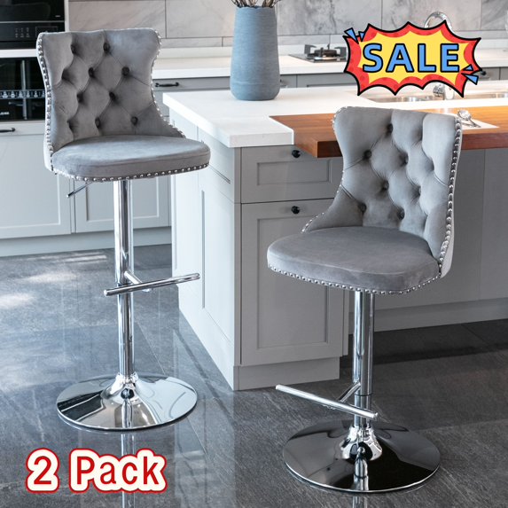 Tcbosik 2 Pack Modern Velvet Bar Stools with Button Tufted Back, Upholstered Swivel Barstool with Chrome Base, 24.8" - 33" Height Adjustable Island Chair for Kitchen, Dining Room, Gray & Silver