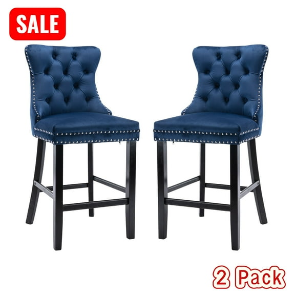 Tcbosik 2 Pack Modern Velvet Upholstered Bar Stools with Wood Legs, Counter Height Barstool with Nailhead Trim and Button Tufted Back for Dining Room, Kitchen Island, Blue & Black