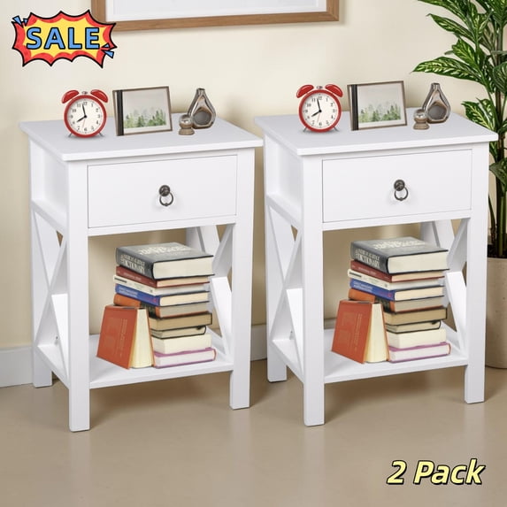 Tcbosik 2 Pack Night Stands, Small Bedside Table with Open Shelf and Storage Drawer, Modern End Table for Living Room, Bedroom, White