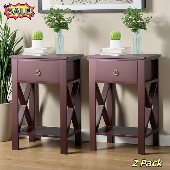 Tcbosik 2 Pack Night Stands with Storage, Modern Bedside Table with Shelf and Drawer, Accent End Table for Small Space, Living Room, Bedroom, Brown