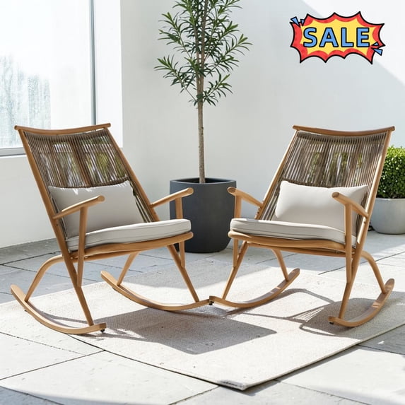 Tcbosik 2 Pack Outdoor Rattan Rocking Chairs with Cushions, High Back Rocker with Woven Backrest and Metal Frame, Lounge Chair for Garden, Porch, Patio, Backyard, Maple