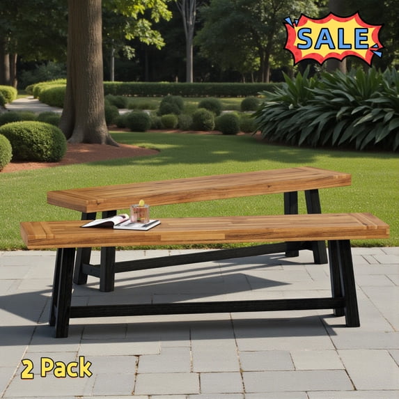 Tcbosik 2 Pack Outdoor Wood Benches, Backless Dining Bench, 2-Seater Loveseat for Yard, Garden, Patio, Brown & Black