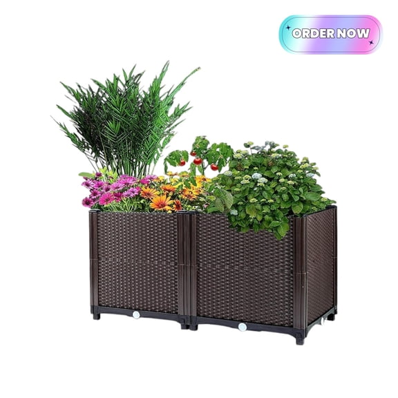 Tcbosik 2 Pack Raised Garden Beds, Outdoor Planter Box with Drainage, Outdoor Elevated Plastic Plant Pot for Backyard, Porch, Patio, Deck, Brown