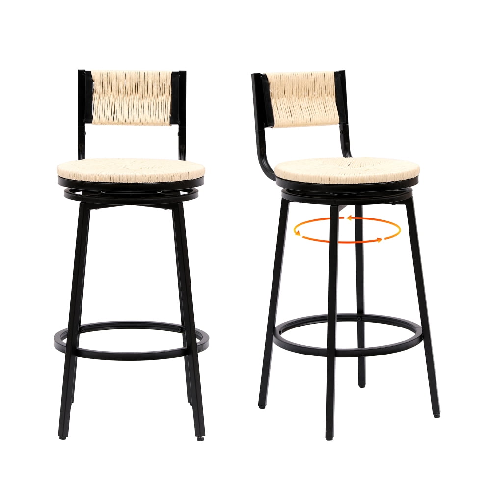 Creamy White Hand-Woven Paper Rope Swivel Bar Stools with Metal Frame