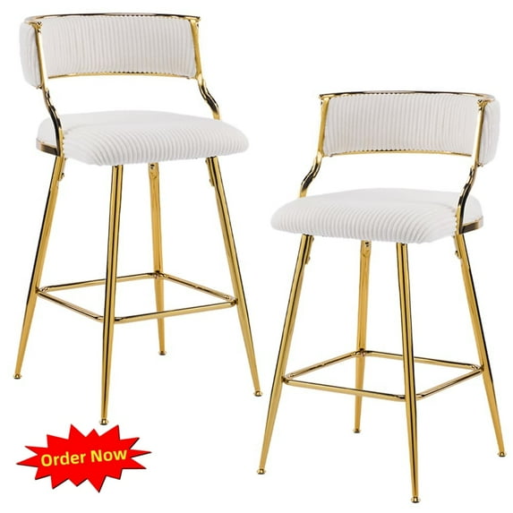 Tcbosik 2 Pack Upholstered Barstools, Velvet Fabric Counter Height Stool with Back, Bar Chair with Metal Leg for Kitchen, Dining Room, Easy Assembly, Off-White