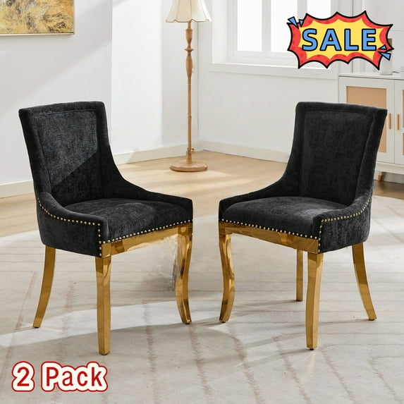 Tcbosik 2 Pack Upholstered Chenille Chairs, Modern Dining Chair with Metal Legs, Accent Side Chair for Kitchen, Living Room, Easy Assembly, Black+Gold
