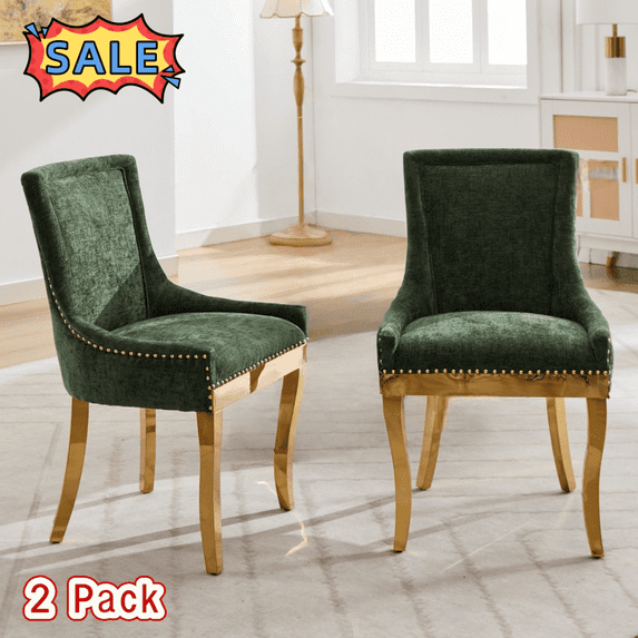 Tcbosik 2 Pack Upholstered Dining Chairs, Modern Chenille Fabric Side Chair with Metal Legs, Armless Chair for Living Room, Kitchen, Olive Green+Gold
