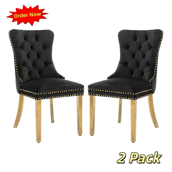 Tcbosik 2 Pack Upholstered Dining Chairs, Velvet Accent Chair with Tufted Button Back, Modern Side Chair with Padded Seat and Metal Legs, Easy Assembly, Black & Gold