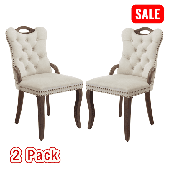 Tcbosik 2 Pack Upholstered Velvet Chairs, Modern Dining Chair with Button Tufted Back, Accent Chair with Wood Legs for Kitchen, Living Room, Beige