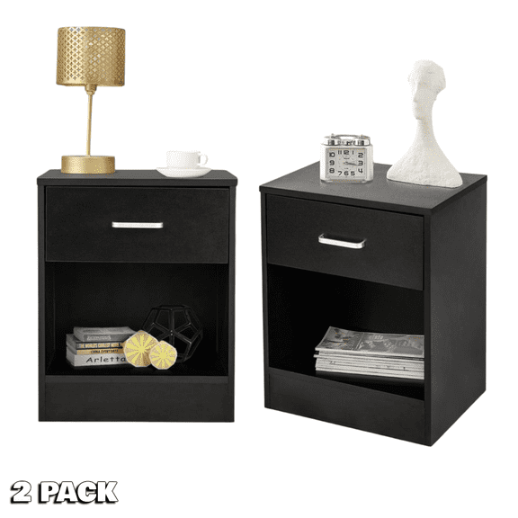 Tcbosik 2 Pack Wood Nightstands for Bedroom, Modern Bedside End Tables with Storage Drawer and Open Shelf, Easy to Assemble, Black