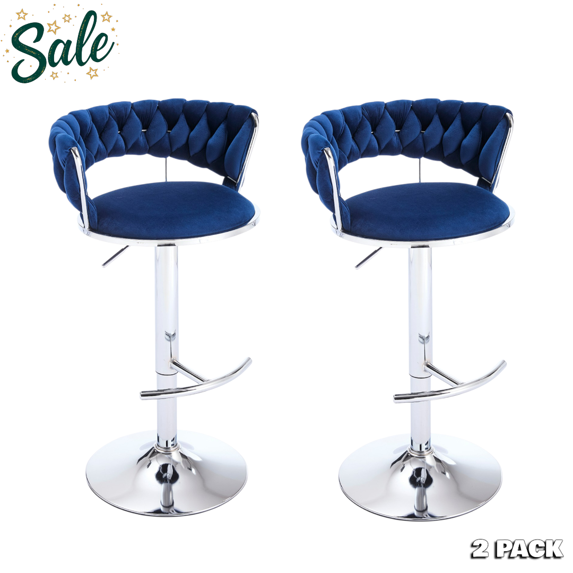 Tcbosik 2-Piece Adjustable Velvet Bar Chairs in Blue – 360° Swivel Function, Comfortable Sponge Padding Seat, Metal Pedestal Base, Contemporary Design for Kitchen, Counter, Home Bar (Blue)