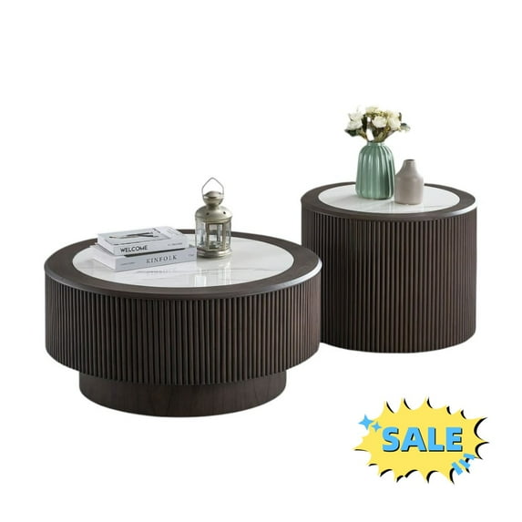 Tcbosik 2-Piece Living Room Tables with Faux Marble Top, Small Side Table, 31.5" Modern Coffee Table, Easy Assembly, Dark Brown