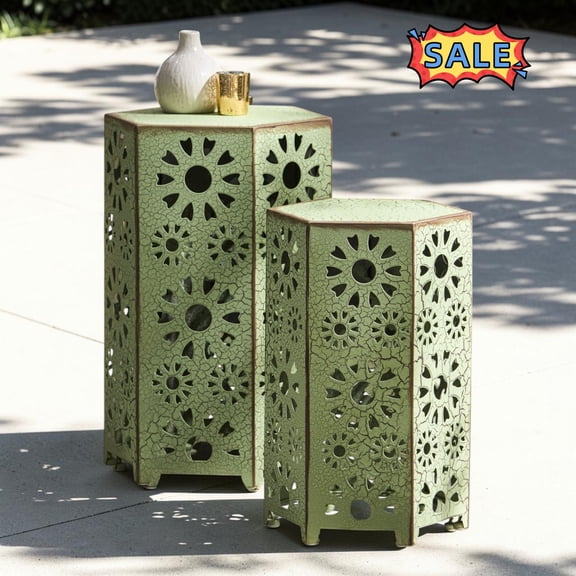 Tcbosik 2-Piece Set Outdoor Side Table, 14.2"W & 12"W Hexagon End Table, Cut Out Design Accent Table for Patio, Garden, Porch, Backyard, Poolside, Green