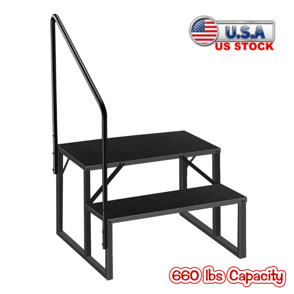 Tcbosik 2-Step RV Steps with Handrail, Mobile Home Stairs with Anti-Slip Panel for Reaching and Getting High, 660 lbs Capacity, Black