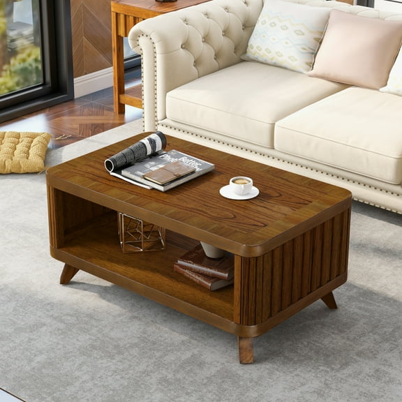 Tcbosik 2-Tier Coffee Table with Storage Shelf, 41.5 inch Rectangular Accent Table, Center Table for Living Room, Walnut