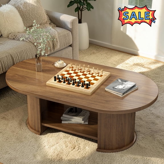 Tcbosik 2-Tier Coffee Table with Storage Shelf, 47" Oval Center Table for Living Room, Easy Assembly, Walnut