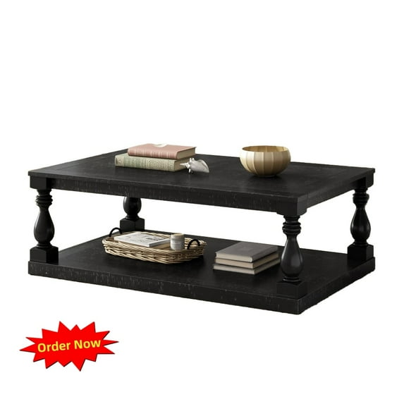 Tcbosik 2-Tier Coffee Table with Storage Shelf for Living Room, 45.2 inch Accent Cocktail Table, Easy Assembly, Black
