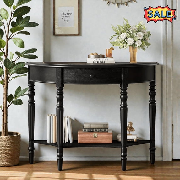 Tcbosik 2-Tier Console Table, Half Moon Entryway Table with Storage Drawer and Open Shelf, Behind Couch Table for Living Room, Hallway, Foyer, Space Saving, Black