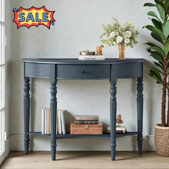Tcbosik 2-Tier Half Moon Console Table with Storage, Narrow Entryway Table with Drawer and Shelf for Living Room, Hallway, Foyer, Easy Assembly, Navy