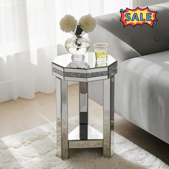 Tcbosik 2-Tier Mirrored Side Table, 13.8" Octagon End Table with Storage Shelf, Nightstand for Bedroom, Living Room, Easy Assembly, Silver