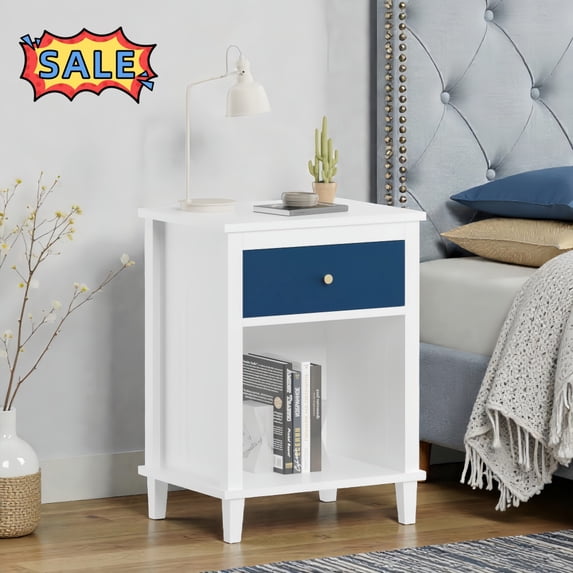 Tcbosik 2 Tier Nightstand with Drawer and Storage Shelf, Bedside Table End Table for Small Space, Living Room, Bedroom, Space Saving, White+Navy