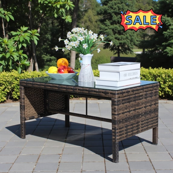 Tcbosik 2-Tier Outdoor Coffee Table with Tempered Glass Top, Rectangle Rattan Accent Table with Open Shelf, 31 Inch Patio Furniture for Garden, Deck, Backyard, Easy Assembly, Brown