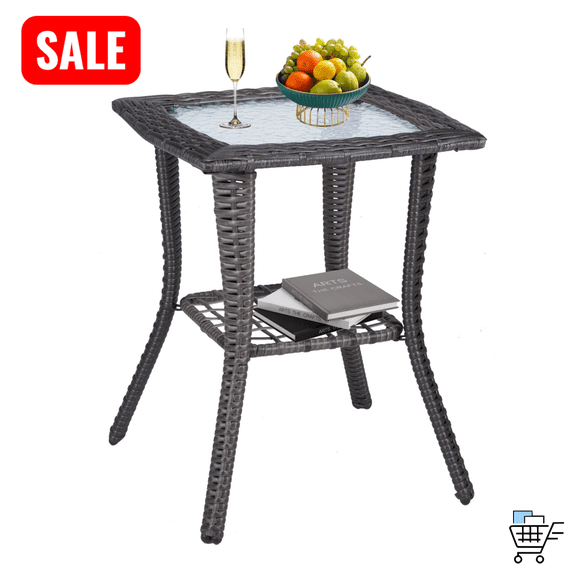 Tcbosik 2-Tier Outdoor Side Table, 17.9in Square End Table with Open Shelf, Wicker Bistro Table with Glass Top, Easy Assembly, Grey