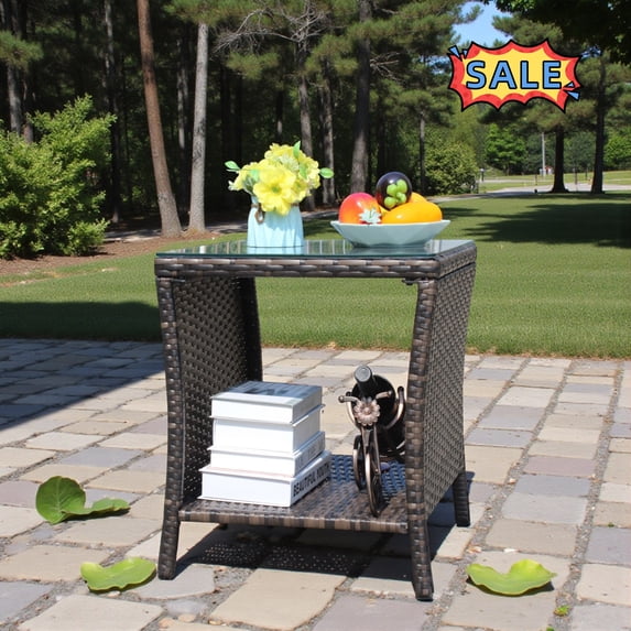 Tcbosik 2-Tier Rattan End Table with Glass Top, Outdoor Side Table, 19.2 Inch Square Accent Table for Balcony, Patio, Garden, Deck, Lawn, Space Saving, Brown