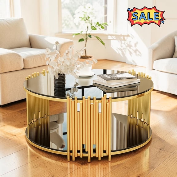 Tcbosik 2-Tier Round Coffee Table, 36 Inch Modern Cocktail Table with Stainless Steel Legs, Center Table with Storage Shelf for Living Room, Black
