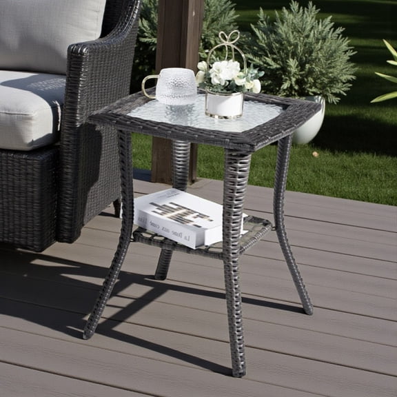 Tcbosik 2-Tier Side Table with Water Ripple Tempered Glass Top, All-Weather Wicker End Table w/ Open Shelf and Powder-Coated Steel Frame for Patio & Living Room, Gray