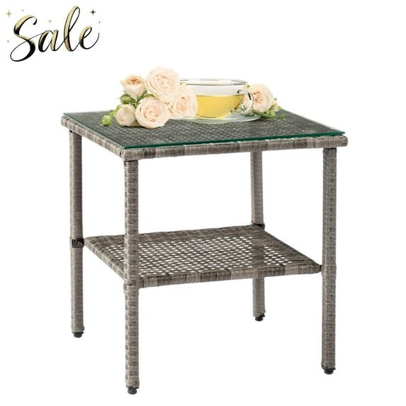 Tcbosik 2-Tier Side Table with Tempered Glass Top, 17.5" Square Outdoor End Table, All-Weather PE Wicker & Steel Frame for Patio and Poolside, Gray
