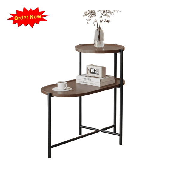 Tcbosik 2-Tier Sofa Side Table with Tray Top, Modern End Table with Metal Frame for Small Space, Living Room, Bedroom, Walnut Brown